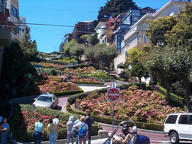 Looking down on Lombard Street gives a nice view of San Francisco Bay 